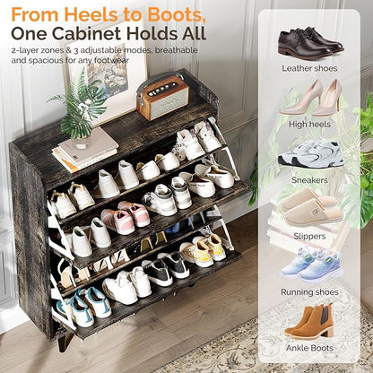 VINGLI Shoe Storage Cabinet for Entryway with 2 Flip Drawers, Ultra Slim Freestanding Entryway Shoe Organizer with Wood Tapered Legs,Hidden Closed Shoe Rack,31.6"W * 9.4"D * 39.4"H, Dark Rustic Oak