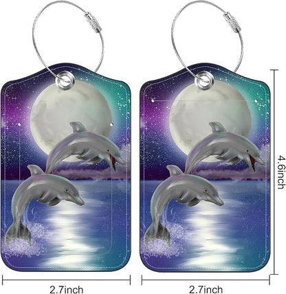 Set of 2 Luggage Tags for Suitcase Moon Night and Jumping Dolphin Leather Baggage Tags Set with Stainless Steel Loop Name Address Labels Privacy Cover for Men Women Travel Bag Suitcase