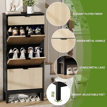 GAOMON Shoe Cabinet with 3 Flip Drawers, Entryway Cabinet with Adjustable Shelves, Accommodate 12 to 18 Pair of Shoes, Space-Saving Slim Shoe Cabinet for Entryway, Hallway, Front Door, Black Oak