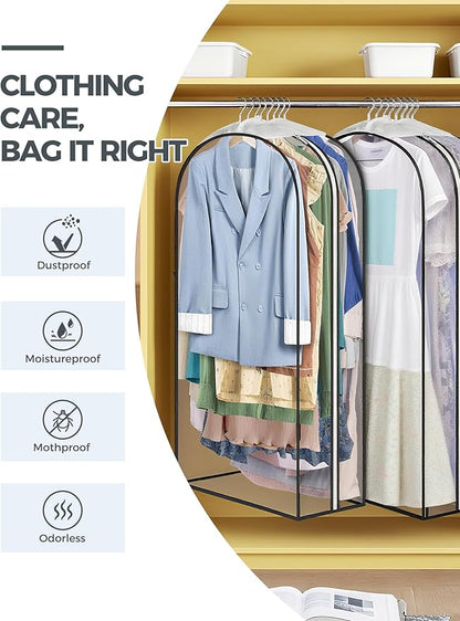 4 pcs 60" Garment Bags for Hanging Clothes, Clear Suit Bags for Closet Storage Clothing Storage, Garment Bags for Travel Covers with 10" Gussets for Coats, Jackets, Shirts and Sweater