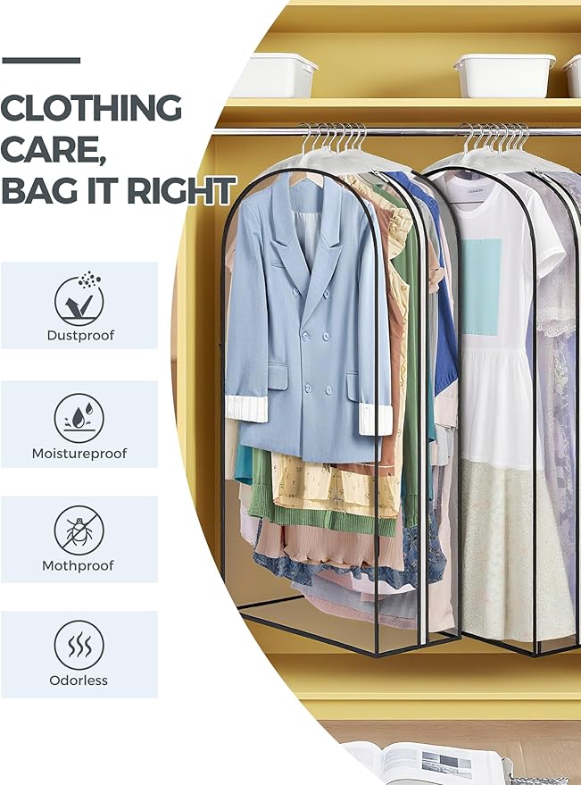 4 pcs 50" Garment Bags for Hanging Clothes, Clear Suit Bags for Closet Storage Clothing Storage, Garment Bags for Travel Covers with 10" Gussets for Coats, Jackets, Shirts and Sweater