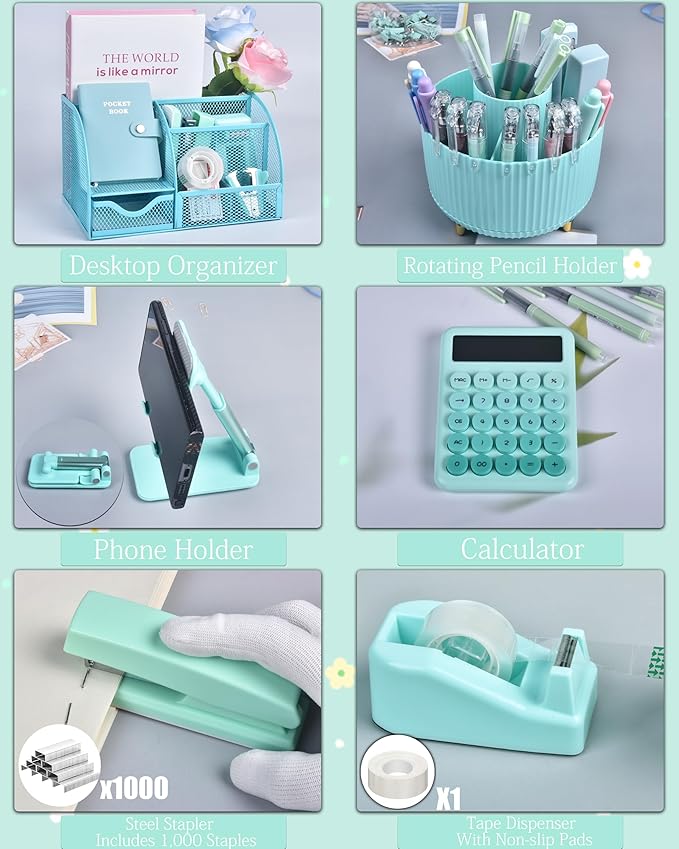 Green and Blue Desk Organizers and Accessories With Mesh Desk Organizer and 360°Rotating Pen Holder and a Lot of Office Green Office Supplies Beautifully Presented in a Gift Box Christmas Gifts