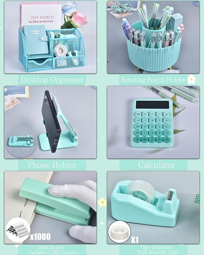 Green and Blue Desk Organizers and Accessories With Mesh Desk Organizer and 360°Rotating Pen Holder and a Lot of Office Green Office Supplies Beautifully Presented in a Gift Box Christmas Gifts