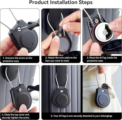 for AirTag Holder, Airtag Lock Case with Wire Cable, IPX8 Waterproof, for Luggage, Key Ring Key Chain Luggage tag Backpack (4 Pack-Black)