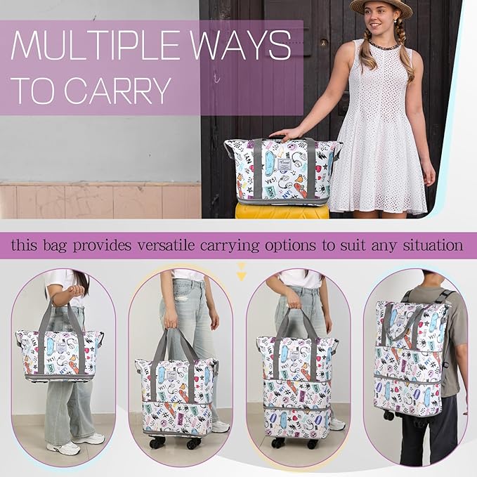 VOOWO Rolling Duffel Bag with Wheels - Foldable Expandable Duffle Bag with Wheels for Travel, Rolling Luggage Bag Carry On Bag with Wheel, Large Rolling Backpack Weekend Bag for Men Women (White)