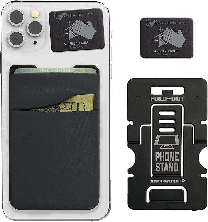 Gecko Travel Tech Double Pocket - Adhesive Card Holder - Cell Phone Pouch - Stick on Spandex Pocket - Carry Credit Cards and Cash (GRAY-BLANK-)