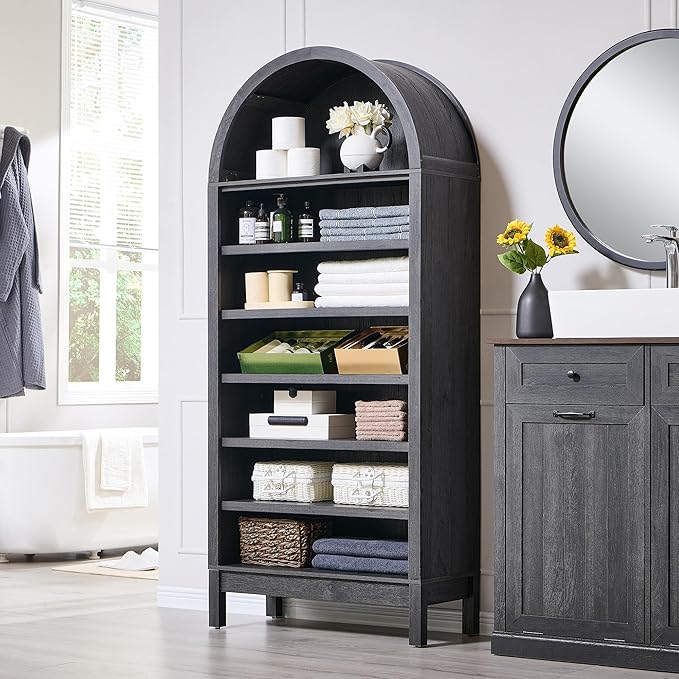 71" Tall Arched Bathroom Storage Cabinet, 7-Tier Modern Farmhouse Storage Cabinet with Adjustable Shelves, Wood Freestanding Cabinet for Bathroom, Living Room, Entryway, Hallway (Dark Grey)