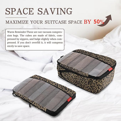 U+U 4 Set Compression Packing Cubes - Ultralight Travel Organizers, Space-Saving Suitcase Organizer, Expandable Packing Cubes for Travel, Business Trip and Family Vacation (Leopard)