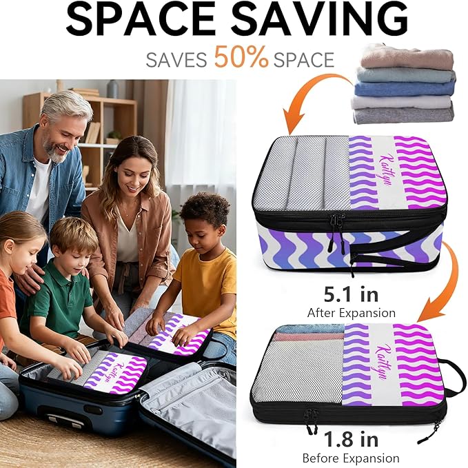 Custom 6 Set Compression Packing Cubes with Name Striped Personalized Compressible Expandable Packing Organizers Luggage Carry On Suitcase Bags Travel Accessories Gifts, Blue Purple