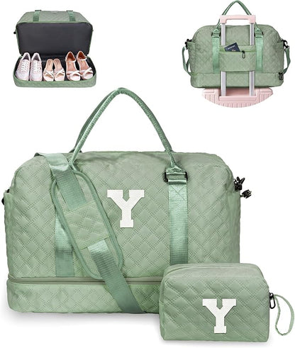 Monogrammed Gifts for Women-Initial Travel Bag with Shoe Compartment, Personalized Weekender Bag, Monogram Overnight Bag for Women, Girl Duffel Bag with Makeup Bag (Letter Y)