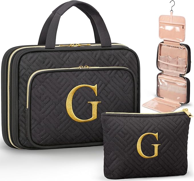 Personalized Gifts for Women, Initial Toiletry Bag Hanging Travel Organizer & Makeup Cosmetic Bag with Embroidery Letter Teacher Appreciation Gift Birthday Christmas Gifts for Mom Wife Friend Sister