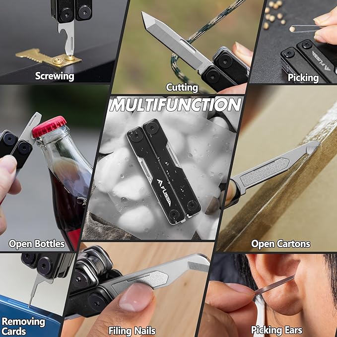 FLISSA 11-in-1 Multitool Scissors with Knife, Foldable Mini Multitool, Stainless Steel Scissors with Aluminum Handles, Spring - EDC for Camping, Hiking, Fishing, Emergency, Black