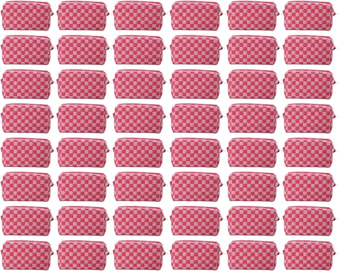 48 PACK Checkered Makeup Bag- Bulk Bridesmaid Proposal Gifts Makeup Pouch for Wedding Party Favors Bachelorette Party Decorations Toiletry Organizer Bag Cosmetic Case Gift (Pink)
