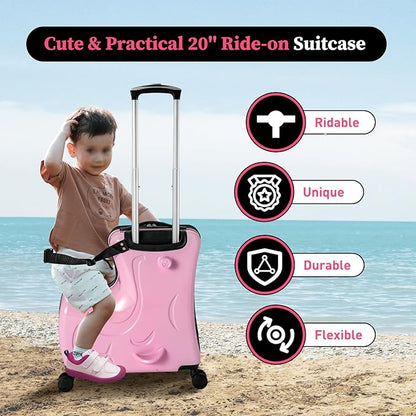 Kids Ride on Suitcase, 20" Ride on Luggage with 4 Wheels, Scooter Suitcase for Boys Girls, Toddler Carry on Suitcases with Safety Belt & Adjustable Handle, Travel Luggage for Ages 3-6 (Pink)