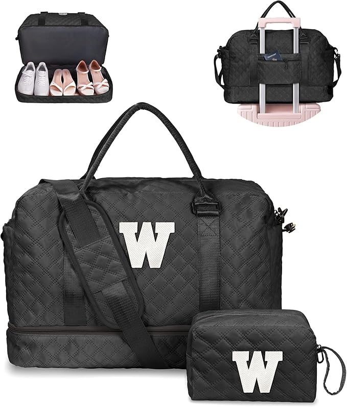 Initial Duffle Travel Bag, Personalized Weekender Bag with Shoulder Strap, Monogram Overnight Bag for Women Wet Pocket, Letter Travel Bag with Makeup Bag Gifts for Friends Female (Letter W)