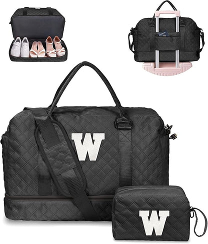 Initial Duffle Travel Bag, Personalized Weekender Bag with Shoulder Strap, Monogram Overnight Bag for Women Wet Pocket, Letter Travel Bag with Makeup Bag Gifts for Friends Female (Letter W)