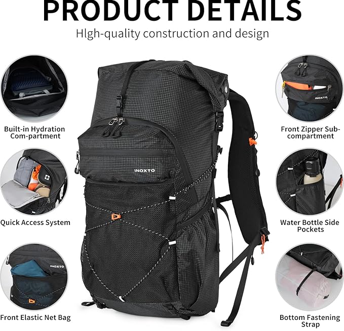 IX INOXTO Hiking Backpack for Men and Women, 30L Waterproof Camping Backpack with 3L Water Bladder and Rain Cover, Lightweight Outdoor Sport Travel Daypack Rucksack for Climbing Cycling (Black)