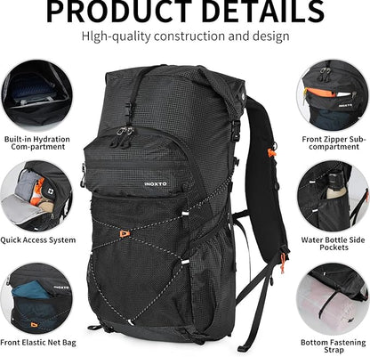 IX INOXTO Hiking Backpack for Men and Women, 30L Waterproof Camping Backpack with 3L Water Bladder and Rain Cover, Lightweight Outdoor Sport Travel Daypack Rucksack for Climbing Cycling (Black)
