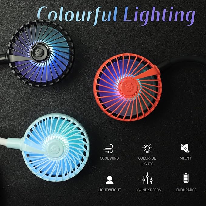 VAGAU Portable Cooling Neck Fan, Rechargeable USB Personal Neck Fan with Colorful LED lights, 360° Rotation for Office Travel Sport, 3 Adjustable Speeds