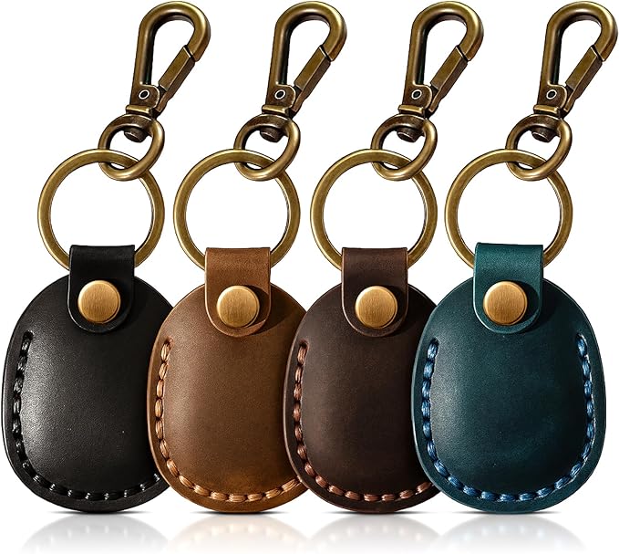 for Airtag Holder [4 Pack] Compact Handmade Genuine Leather Air Tag Holder Keychain with Keyring Full Coverage Case Cover Compatible for AirTag