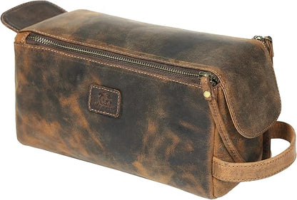 Genuine Leather Travel Toiletry Bag for Men & Women – Premium Water-Resistant Large Dopp Kit, Shaving Organizer & Compact Bathroom Essentials Case – Distressed Brown