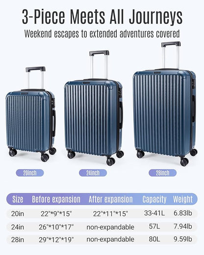 LIGHT FLIGHT Luggage Sets, Durable Hard Shell 3 Piece Set Suitcase with Spinner Wheels, Hardside Lightweight Luggage set with TSA Lock, Large Travel Luggage Set (20" 24" 28"), Royal Blue