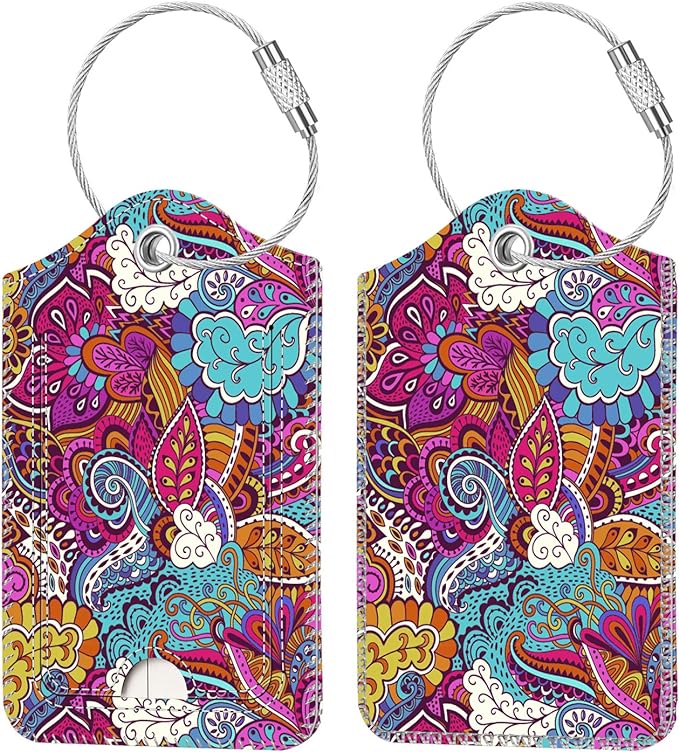 Fintie Luggage Tags, Privacy Cover ID Label with Stainless Steel Loop and Address Card for Travel Bag Suitcase, Peacock Flower (2 Piece)