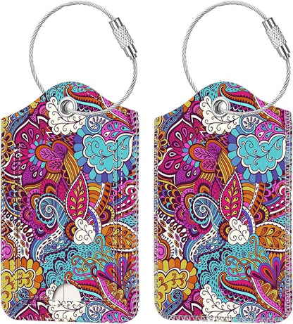 Fintie Luggage Tags, Privacy Cover ID Label with Stainless Steel Loop and Address Card for Travel Bag Suitcase, Peacock Flower (2 Piece)