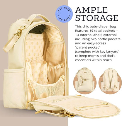 Itzy Ritzy Diaper Bag Backpack – Large Capacity Boss Plus Baby Backpack Diaper Bag Featuring 19 Pockets, Changing Pad, Stroller Clips, and Comfortable Straps (Milk & Honey)