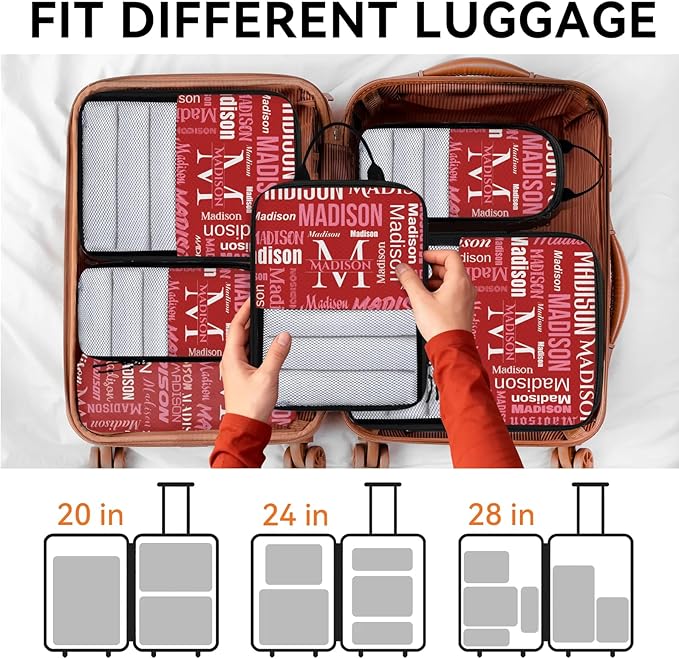 Personalized 6 Set Compression Packing Cubes for Travel Essentials with Name Initial Customized Lightweight Carry on Expandable Luggage Organizer Bags for Women and Men, Red