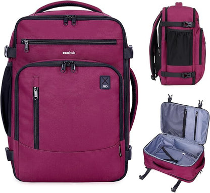 ECOHUB 17" Small Travel Backpack, United Airlines Personal Item Bag 17x10x9 with 16 Pockets, Water Resistant Rucksacks Fit 15.6" Laptop, AirTag Pocket, Lightweight Casual Daypack, 25L, Red