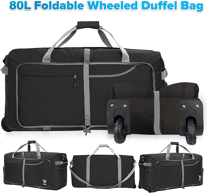 Bago Rolling Duffle Bag with Wheels - 27" 80L Foldable Weekender Bag, Waterproof Travel Duffel Bag, Heavy Duty Lightweight Duffle Bag for Traveling, Rolling Duffel Bag with Wheels (Black2023)