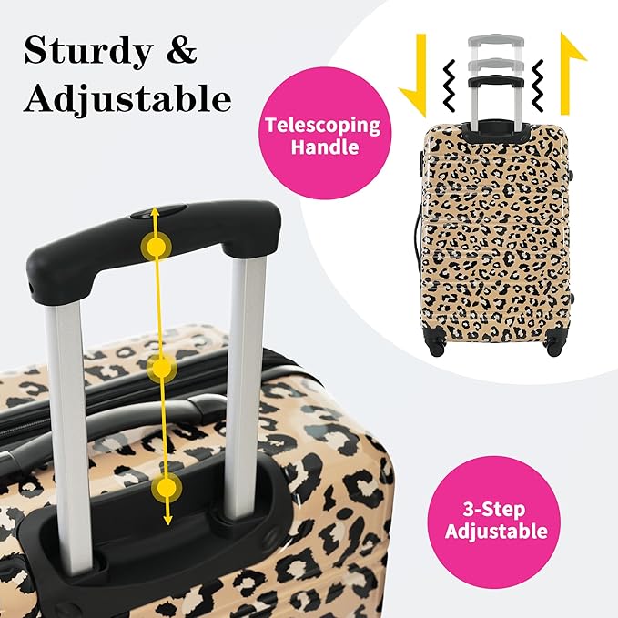 Merax Leopard Print Luggage Sets, 3 Piece Expandable Suitcase Set with Spinner Wheels,Large Checked Travel Suitcases and Carry On Travel Luggage, 100% PC, TSA Lock,Brown