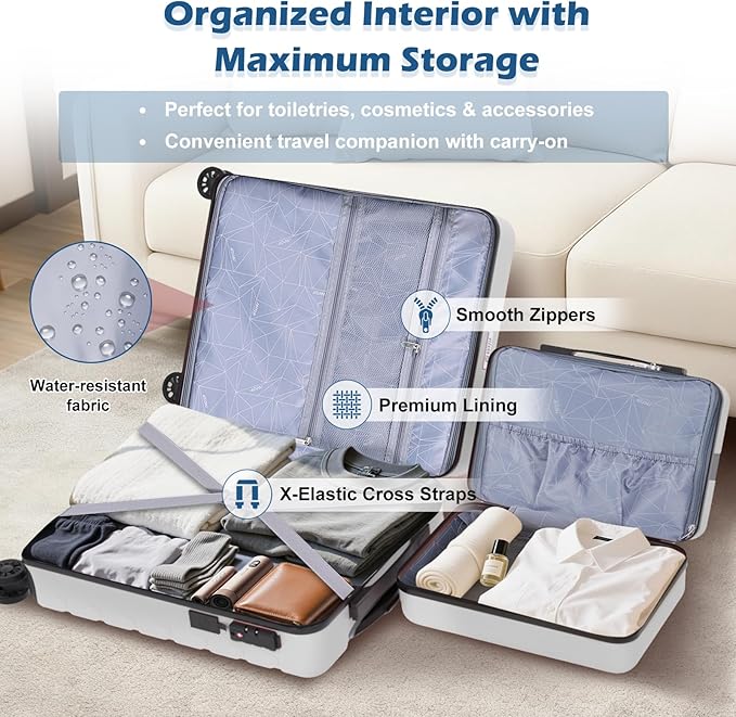 AnyZip Suitcase, 20" Carry On Luggage 14" Mini Cosmetic Cases Luggage Sets Hardside PC ABS Lightweight USB Suitcase with Wheels TSA for kids (2 Piece Set 14/20, White)