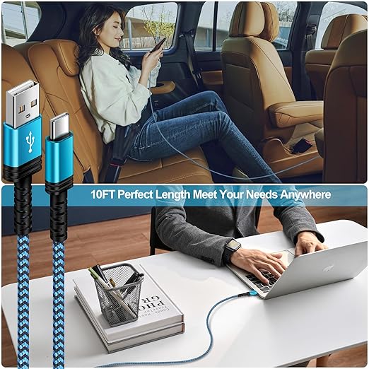 USB to USB C Cable 10FT Long Braided USB A to Type C Charger Fast Charging Power Cord for Samsung Galaxy A17/A16 5G/A15/A56/A36/A55/S25 Edge/S24 Ultra/S23/S22/S21/S20/S10/Pixel 9a/9 Pro xl/8a/7a/8/7/6