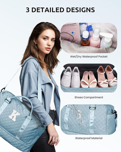 Gifts for Friends - Initial Personalized Weekender Duffle Bag with Shoe Compartment and Travel Makeup Bag for Daughter or Sister (Letter I)