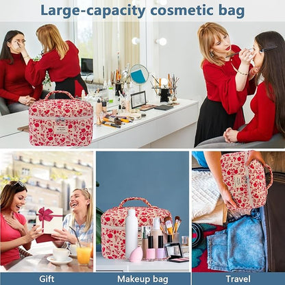 Large Makeup Bag, Cute Cosmetic Bag for Women Girls, Floral Coquette Aesthetic Toiletry Bag, Travel Make Up Organizer Bag (Pink Rose)