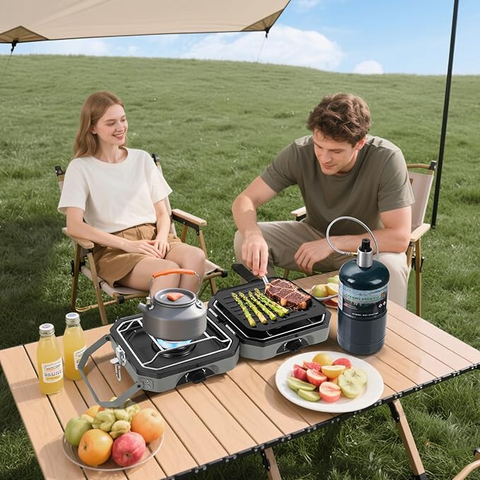 Dollate 2-Burner Propane Stove with Griddle and Carrying Bag, Portable Foldable Camping Stove with 2 Adjustable Burners 16000 BTUs,for Camping Tailgating Essentials Gear (Green)