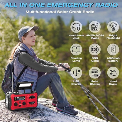 10000mAh Emergency Radio, NOAA Weather Radio with AM/FM, 37000mWh Rechargeable Phone Power, USB/Solar/Hand Crank Charging, LED Flashlight, SOS Alarm, Reading Lamp for Indoor/Outdoor Emergencies