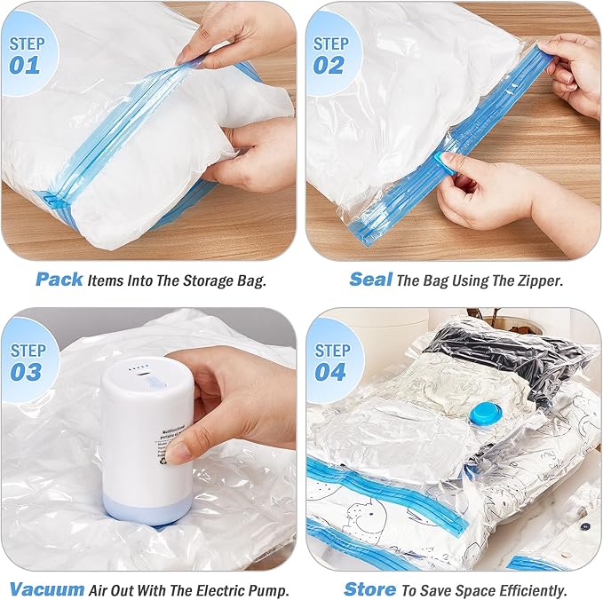 Vacuum Storage Bags with USB Electric Pump, 12 Pack Vacuum Seal Bags for Clothing Travel(4 Large/4 Medium/4 Small), Portable Space Saver Bag for Travel Luggage, Blankets