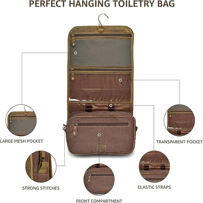LEATHER VILLAGE Hanging Leather Toiletry Bag for Men – Handcrafted Vintage Premium Travel Dopp Kit with Waterproof Lining, Shaving Organizer and Shower Bathroom Essentials Case - Mud