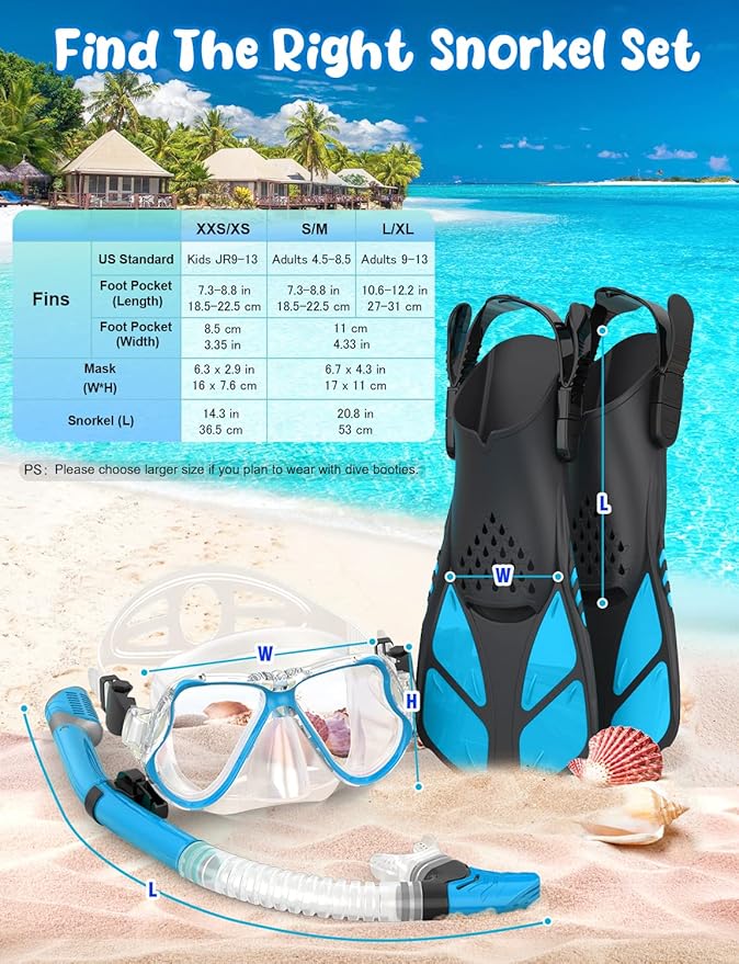 Zenoplige Mask Fins Snorkel Set, Snorkeling Gear for Adults, Panoramic View Snorkel Mask Anti-Fog, Adjustable Dive Flippers, Dry Top Snorkel and Travel Bag, Scuba Gear for Swimming Snorkeling Diving