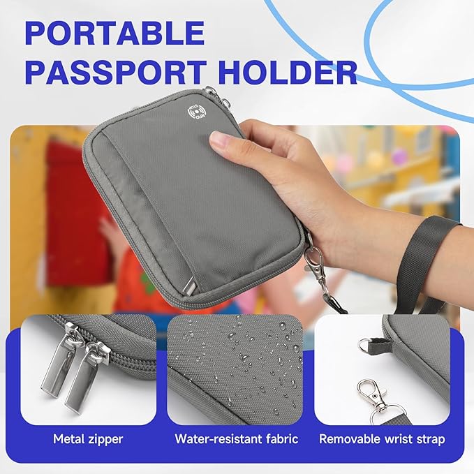 WALNEW Passport Holder for Travel - RFID Blocking Travel Wallet Essentials Organizer with Card Slots & Zipper Pocket (Women/Men), Gray