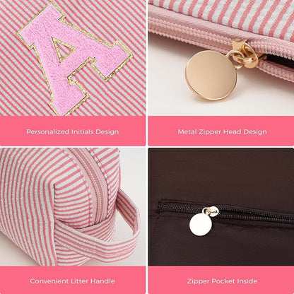 Makeup Bag Set Initials Cosmetic Bag,Gifts for 10 11 12 13 14 15 16 17 18 Years Old Girl Girlfriend Teen Girls Gift Trendy Stuff Personalized Toiletry Bag Travel - Peach,A