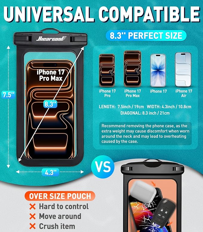 Hiearcool Waterproof Phone Pouch,Underwater Phone Cases Compatible for iPhone 17 16 15 14 13 Pro Max,Waterproof Dry Bag for Cruise Travel Essentials Phone Water Protector Pouch-Black&Bright Red-2Pack