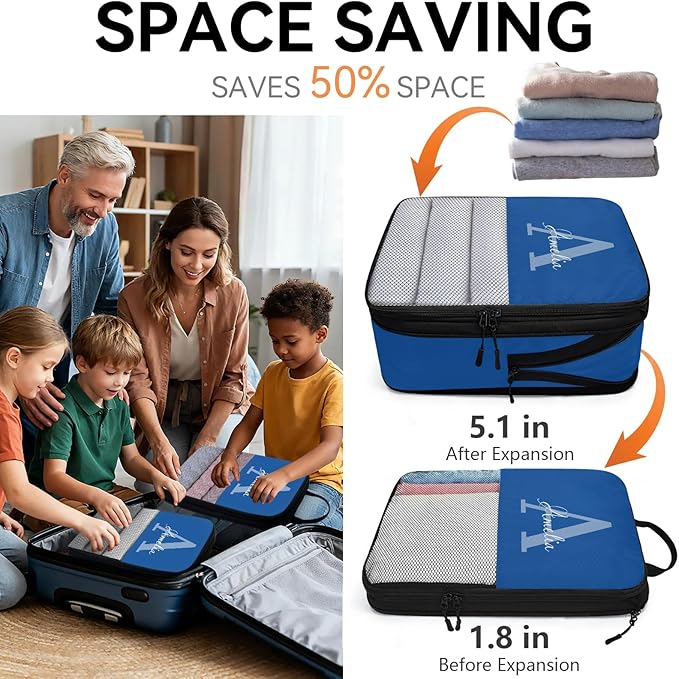 Personalized 6 Set Compression Packing Cubes for Travel Accessories Custom Name Luggage Carry On Suitcase Compressible Expandable Packing Organizer, Blue Initial