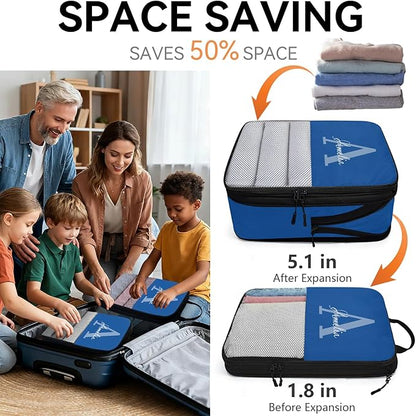Personalized 6 Set Compression Packing Cubes for Travel Accessories Custom Name Luggage Carry On Suitcase Compressible Expandable Packing Organizer, Blue Initial