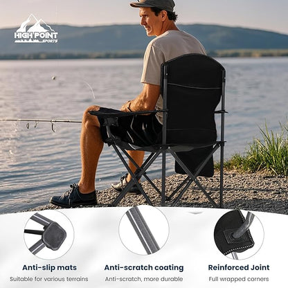 HIGH POINT SPORTS Oversized Camping Folding Chair, Heavy Duty Outdoor Chair with Armrest, Portable Lawn Chair with Cup Holder for Adults Support 350 LBS, 2 Pack, Gray-Black