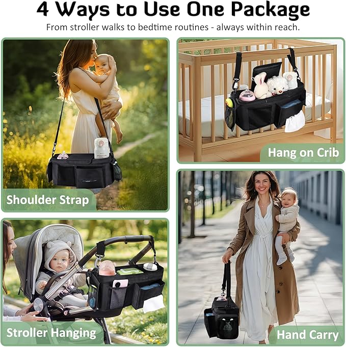 INFANZIA Universal Stroller Organizer with Insulated Cup Holders, Adjustable Stroller Caddy with Phone Bag & Shoulder Strap, Baby Stroller Accessories Fits for Uppababy, Doona, Jogger, Britax (Black)