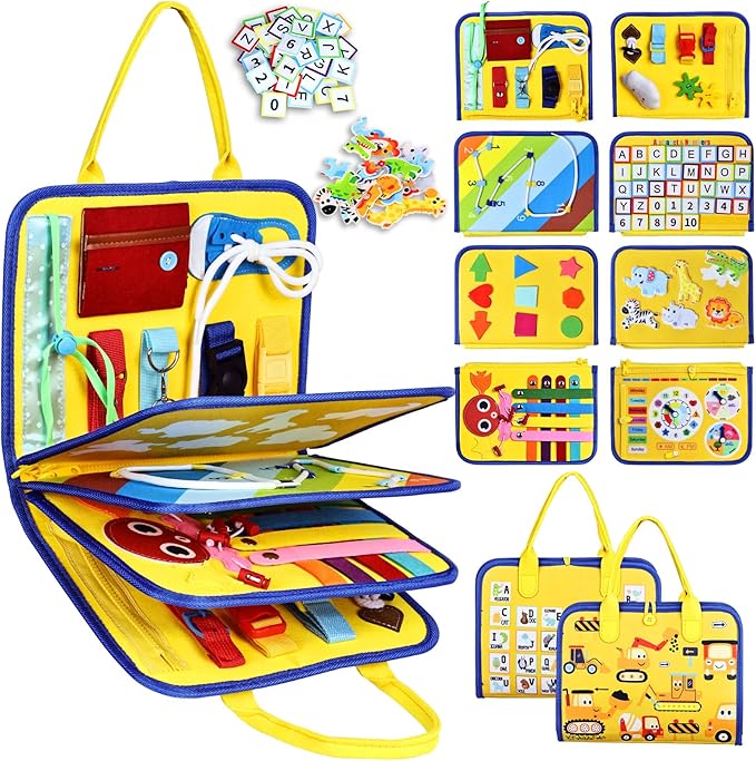 Esjay Toddler Busy Board Montessori Toys for Boys Girls, Sensory Book Educational Activities for Learning Fine Motor Skills, Birthday Gifts for Toddlers, Travel Toys for Airplane Car, Yellow Truck